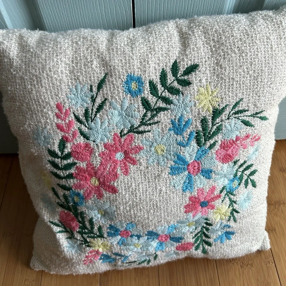 Floral Crewel Embroidery Woven SquareThrow Pillow Pink Blue Flowers Spring Small